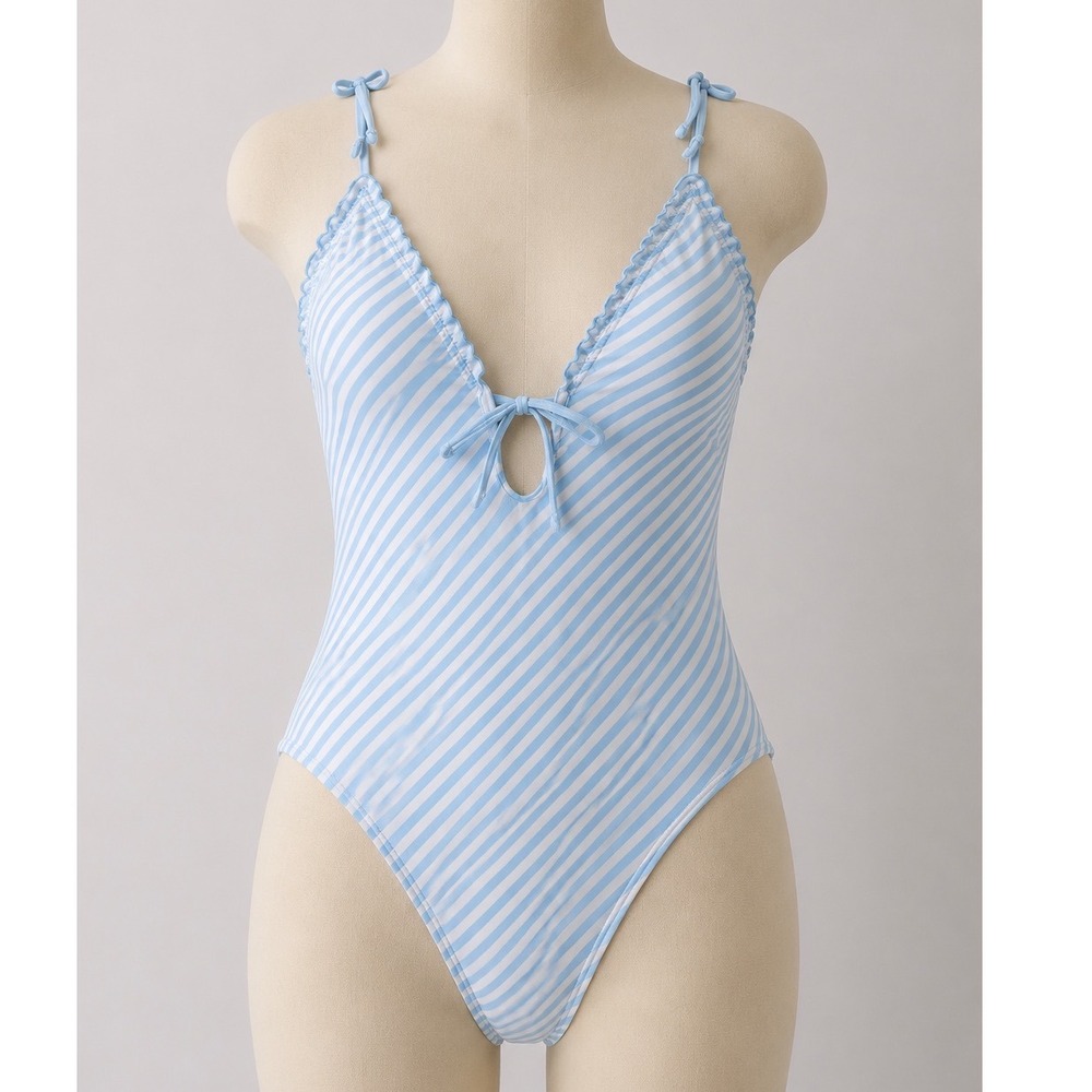 Shade & Shore Blue Striped‎ Tie Front Ruffle Cottagecore Swimsuit Medium NEW